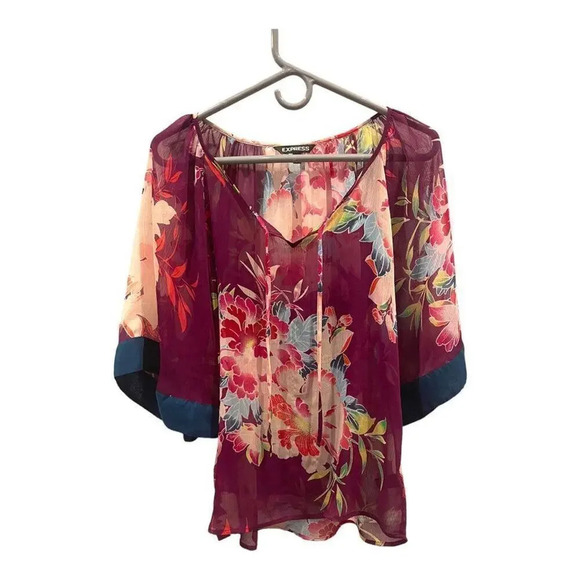 Express Women’s Small Burgundy‎ Floral V-Neck Sheer Blouse With Tie Neck - Picture 4 of 6
